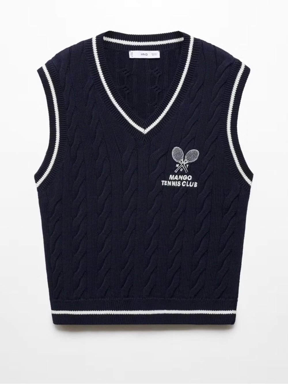 Mango Navy and White Cable-Knit V-Neck Sweater Vest